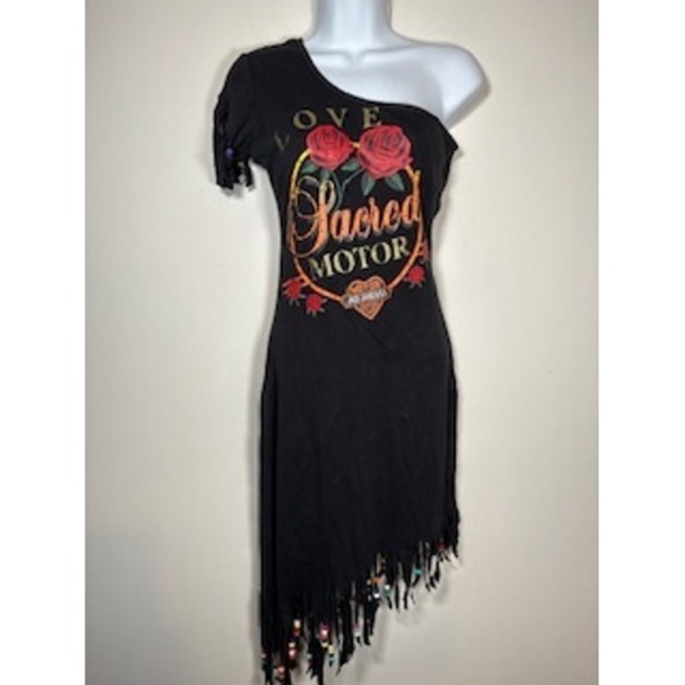 Vintage JNCO Jeans USA One Shoulder Dress Small Black Sacred Motor Fringe Biker - Picture 1 of 8